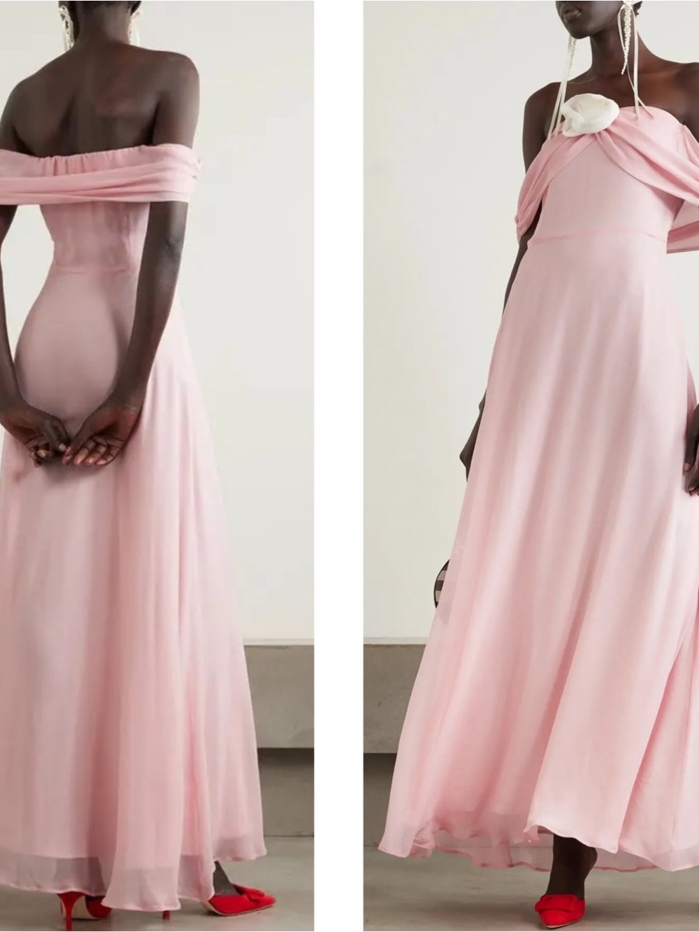 BERNADETTE Blair Off the Shoulder Floral Rosette Silk Pink Maxi Dress Size 8